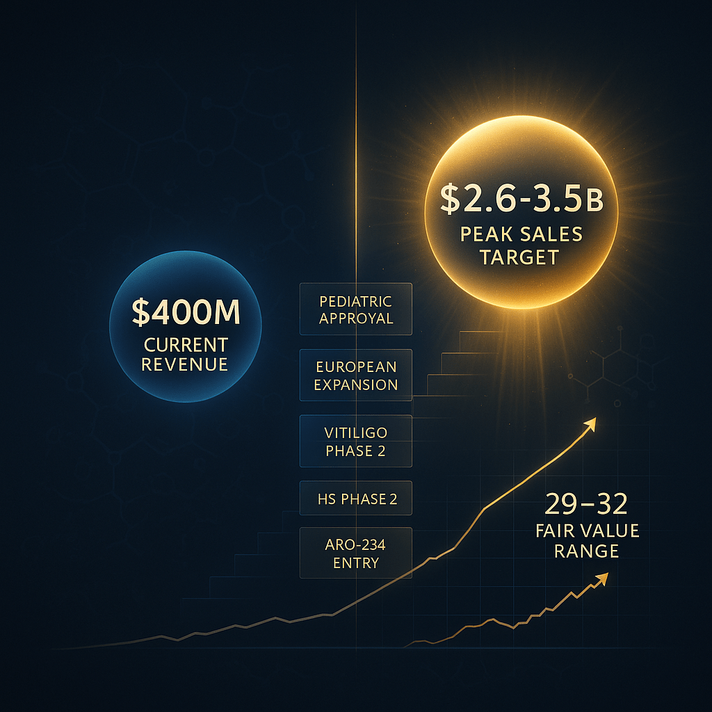 ARQT Revenue, peak sales targets, fair value range and timeline image