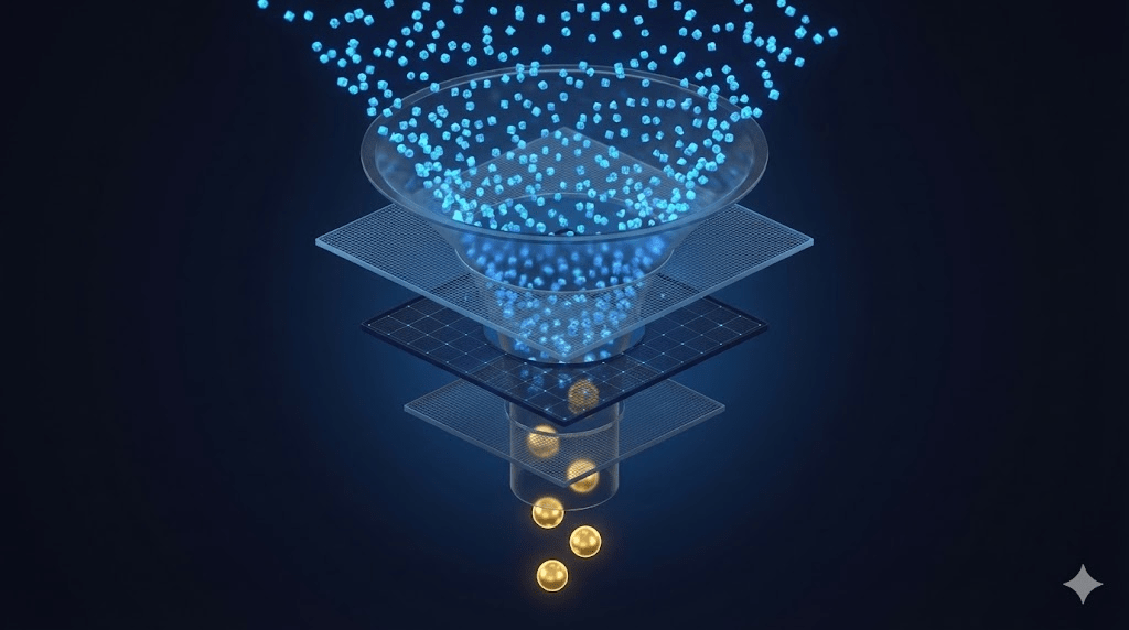 Dividend Screen article - the screening funnale support thesis image. Data funnel visualization showing many data points filtered down to four golden finalists through multiple screening layers