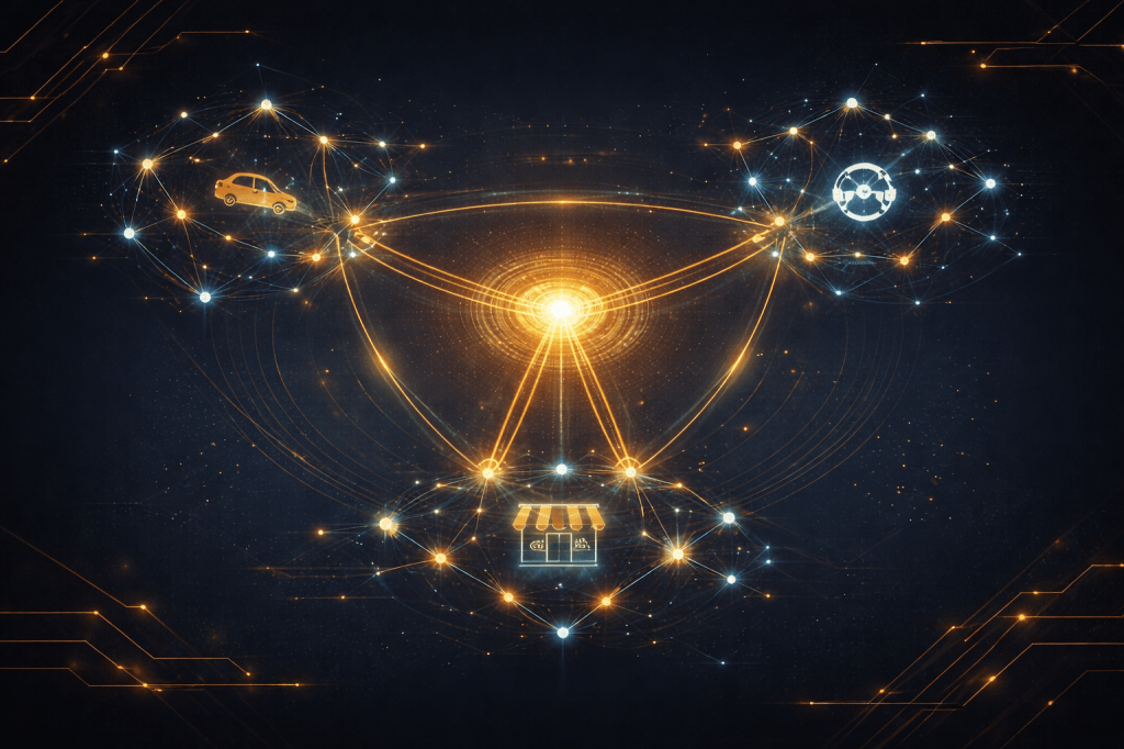 Uber stock analysis image Visualizes the three-sided marketplace concept and network effects that drive the business model. Helps readers understand why this is a platform, not a transportation company.