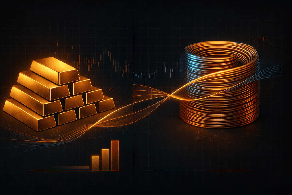 Barrick Mining (B) Visualizes the "factory with two product lines" metaphor from the narrative. The gold/copper split reinforces the diversification thesis and the electrification optionality. The connected flowing line emphasizes how both work together.