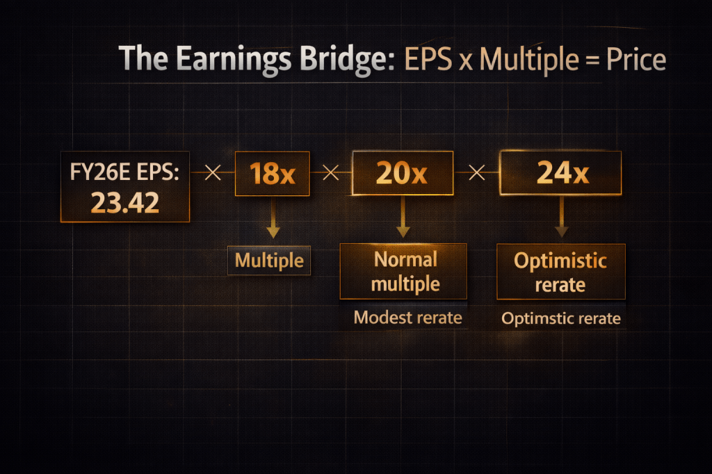 earnings bridge works showing eps x multiple = price