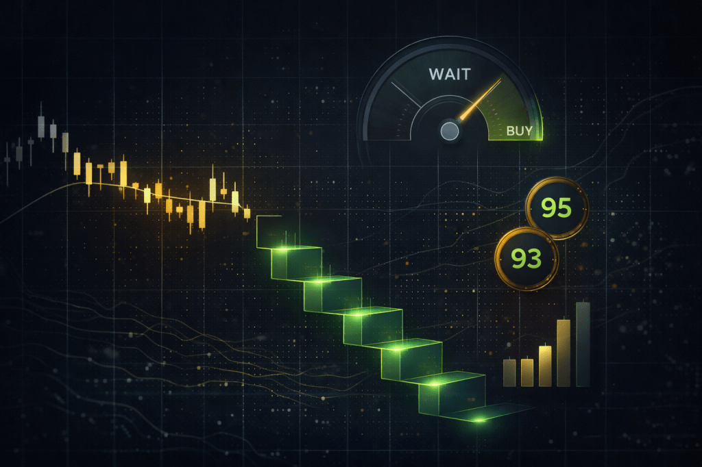 Barrick Mining (B) Captures the counter-intuitive insight that high quality does not automatically mean "buy now." The gauge pointing to "WAIT" visualizes the patience discipline. The staircase buy zones reinforce the tactical entry strategy that distinguishes systematic from emotional investing.