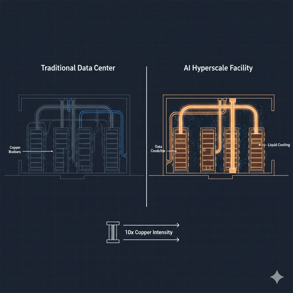 Quantifies the copper intensity difference visually, making the 10x jump tangible for readers. The side-by-side comparison reinforces the thesis that AI infrastructure represents a step-change in copper demand.
