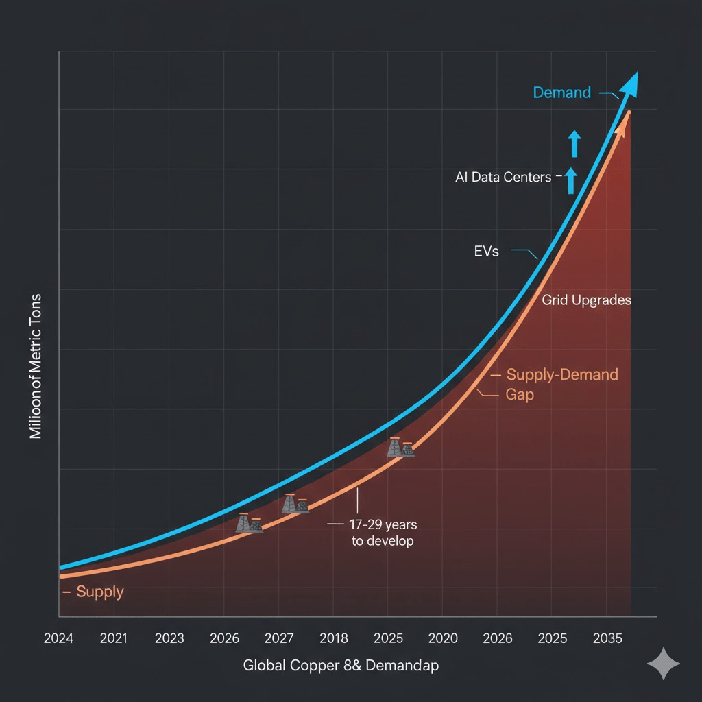 Makes the structural supply constraint visually compelling. Shows readers why the supply response cannot quickly match demand acceleration, supporting the bull thesis for sustained high copper prices.