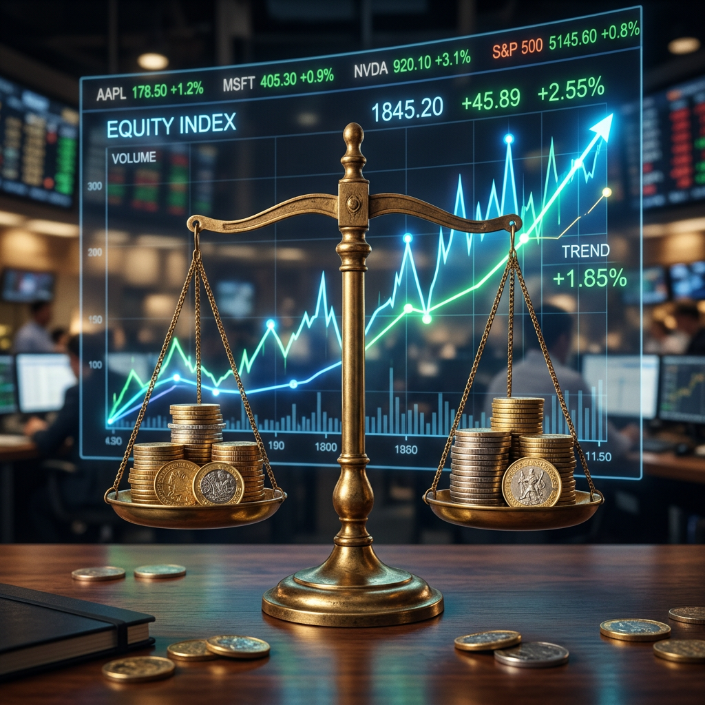 Brass scale balancing two piles of coins in front of a digital stock market equity index graph